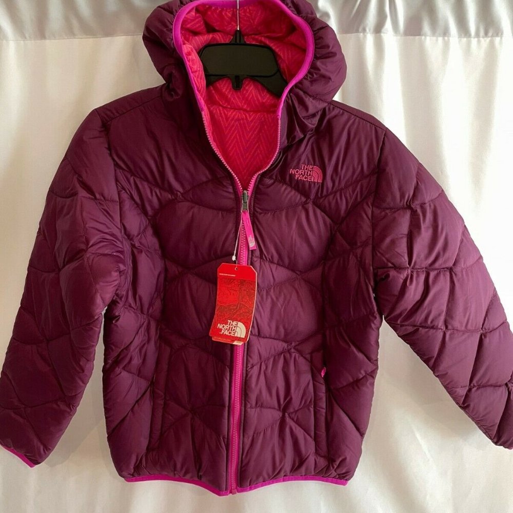North Face Girls Reversible Moondoggy Puffer Down Jacket NWT LARGE 14 16 Purple